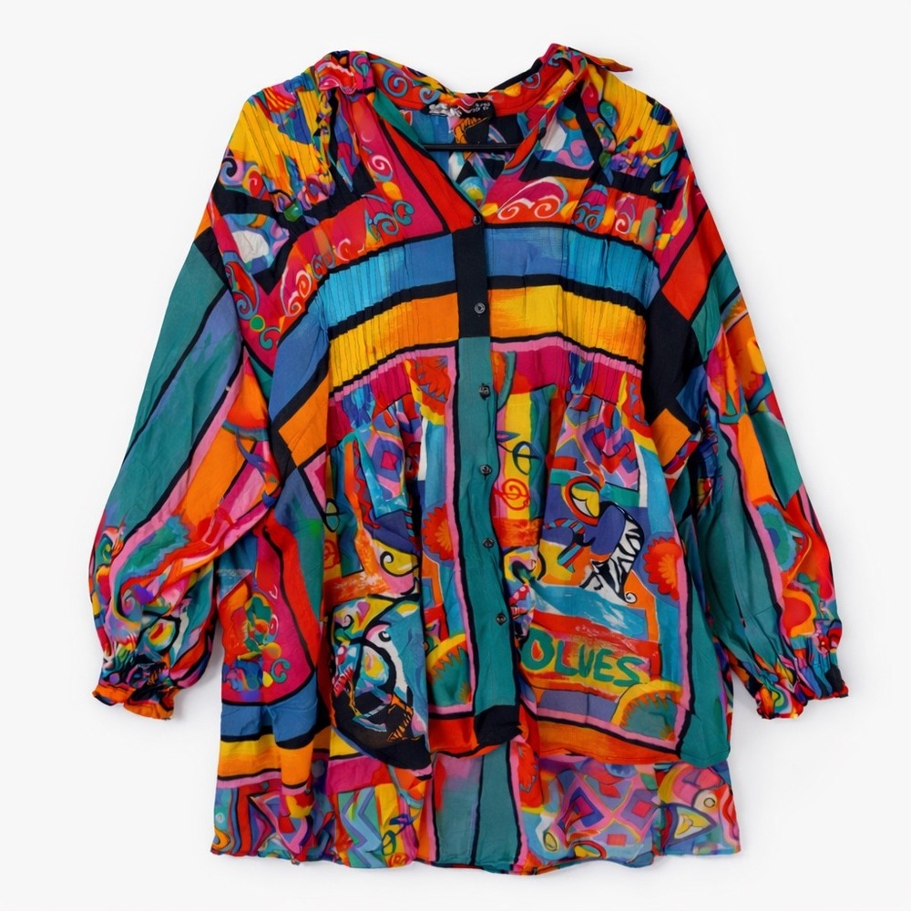 Boho Art to wear Tunic vtg 80s coton Rainbow Dopamine 2X artsy teacher plus size